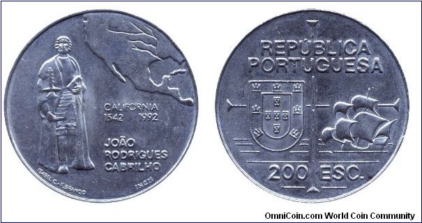 Portugal, 200 escudos, 1992, Cu-Ni, 1542 - California, - Joao Rodrigues Cabrilho.                                                                                                                                                                                                                                                                                                                                                                                                                                   