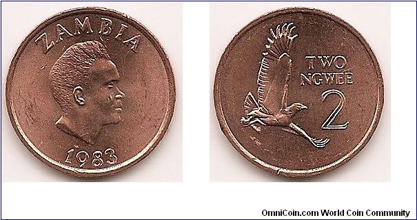 2 Ngwee
KM#10a
4.1900 g., Copper-Clad Steel, 21 mm. Obv: Head of K.D. Kaunda right, date below Rev: Martial Eagle, denomination at right Edge: Plain