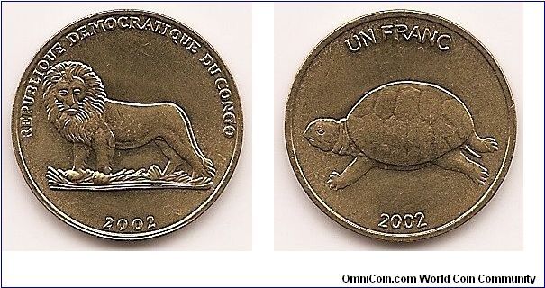 1 Franc -Democratic Republic-
KM#81
4.5700 g., Brass, 20.31 mm. Obv: Lion left Rev: Turtle Edge: Plain