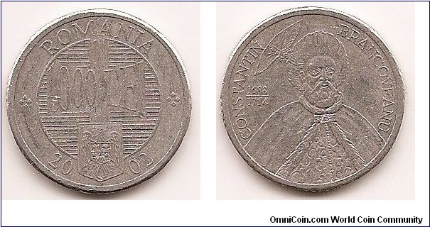 1000 Lei
KM#153
2.0000 g., Aluminum, 22.2 mm. Subject: Constantin Brancoveanu Obv: Value above shield within lined circle Rev: Bust with headdress facing Edge: Plain with serrated sections
