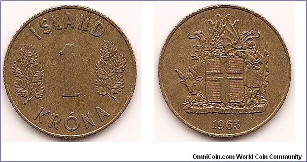 1 Krona
KM#12a
4.8000 g., Nickel-Brass, 22.3 mm. Obv: Denomination, leaves flank Rev: Shield with supporters, date below.