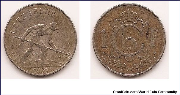 1 Franc
KM#46.2
Copper-Nickel, 21 mm. Ruler: Charlotte Obv: Man working field Rev: Crowned monogram divides value