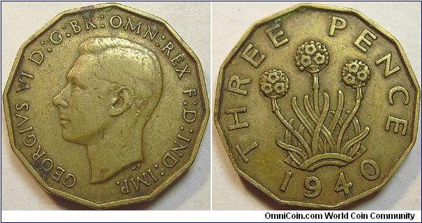 1940 George VI, Three Pence