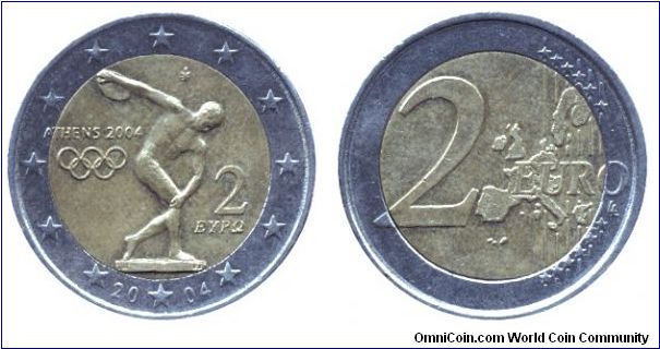 Greece, 2 euros, 2004, Cu-Ni-Ni-S, bi-metallic, Athens 2004 Olimpics, Discobolus (a classical Greek sculpture by Myron).                                                                                                                                                                                                                                                                                                                                                                                            