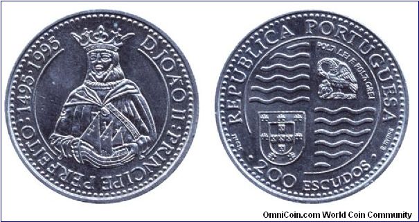 Portugal, 200 escudos, 1995, Cu-Ni, D. Joao II Principe Perfeito 1495-1995.                                                                                                                                                                                                                                                                                                                                                                                                                                         
