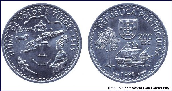 Portugal, 200 escudos, 1995, Cu-Ni, 1515 - Ilhas Solor e Timor.                                                                                                                                                                                                                                                                                                                                                                                                                                                     