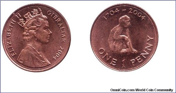 Gibraltar, 1 penny, 2004, 1704-2004, Ape, Queen Elizabeth II.                                                                                                                                                                                                                                                                                                                                                                                                                                                       