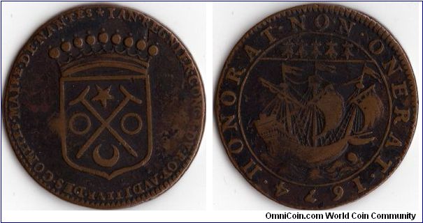 1674 copper jeton issued for Jan Regnier, Mayor of Nantes, Treasury Auditor, and Kings Counsellor. His coat of arms obvers, Nantes coat of arms reverse.