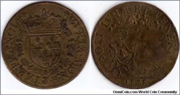 1575 brass jeton issued for the French Mint Administration.