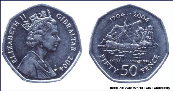 Gibraltar, 50 pence, 2004, 1704-2004, Battle of Trafalgar 1805, Queen Elizabeth II.                                                                                                                                                                                                                                                                                                                                                                                                                                 