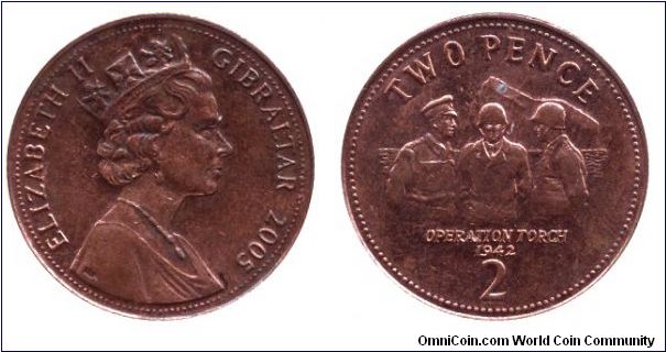 Gibraltar, 2 pence, 2005, Operation Torch 1942, Queen Elizabeth II.                                                                                                                                                                                                                                                                                                                                                                                                                                                 