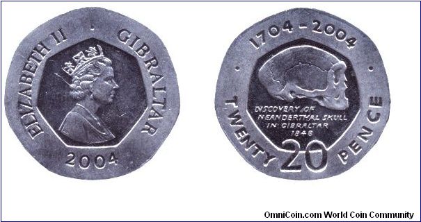 Gibraltar, 20 pence, 2004, Discovery of Neanderthal Skull in Gibraltar 1848 - 1704-2004, Queen Elizabeth II.                                                                                                                                                                                                                                                                                                                                                                                                        