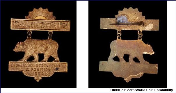 Brass souvenir badge, California Midwinter International Exposition.