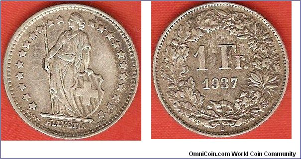 1 franc
coin alignment
22 stars around figure of Helvetia
0.835 silver