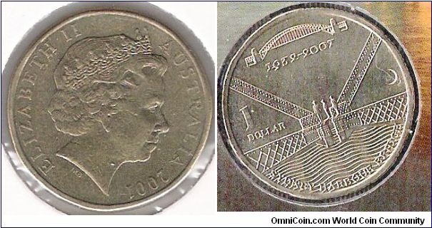 1 Dollar coin, Sydney Harbour Bridge.  Melbourne Mintmark.
