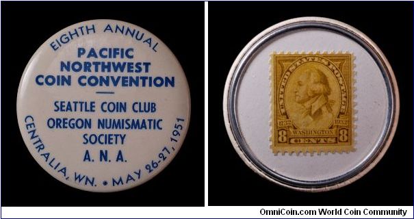 Pacific Northwest Coin Convention encased postage stamp, 1951.