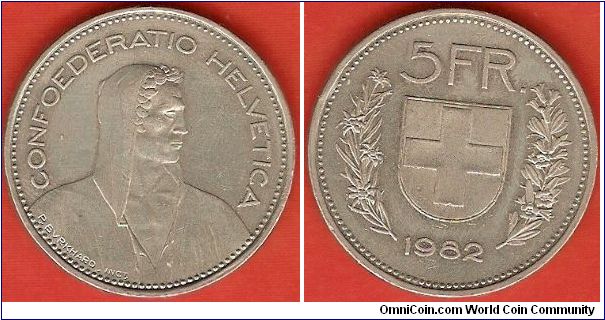5 francs
medal alignment
raised edge lettering
copper-nickel