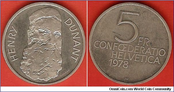 5 francs
Henry Dunant, founder of the International Red Cross
copper-nickel