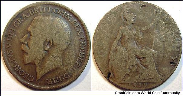 1919 George V, Half Penny, Damaged
