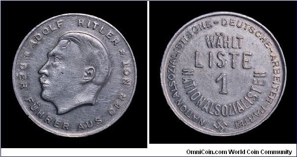 November 1932 National Elections, NSDAP election token, aluminum.