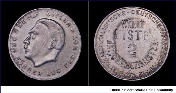 July 1932 National Election Token, NSDAP. Aluminum