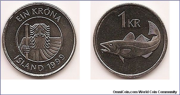 1 Krona
KM#27a
4.0000 g., Nickel Coated Steel, 19.79 mm. Obv: Giant facing Rev: Cod Edge: Reeded
