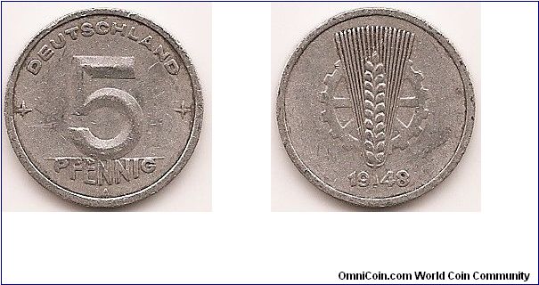 5 pfennig -Democratic Republic-
KM#2
Aluminum Obv: Denomination Rev: Cogwheel back of grain sprig