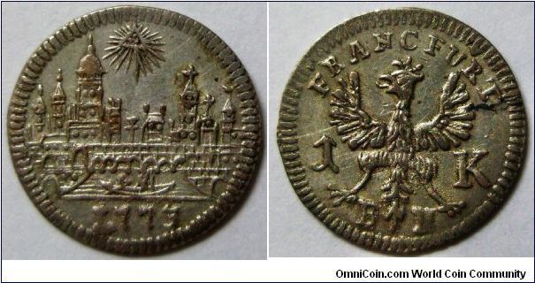 German States - Frankfurt am Main, Free City Regular Coinage, Kreuzer, 1773 BN. Billon. Observe: City View above date. Reverse: Crowned eagle divides value. VF/VF+.