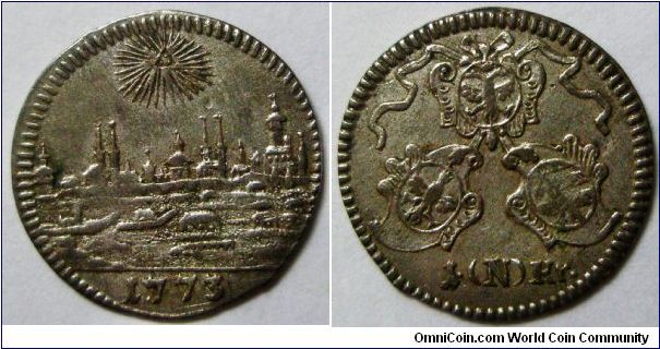 German States - Nurnberg, Free City Regular Coinage, Kreuzer (4 Pfennig), 1773. Billon. Obverse: City View . Reverse: Garland above 3 ornate shields, 1 (N) KR below. VF+.
