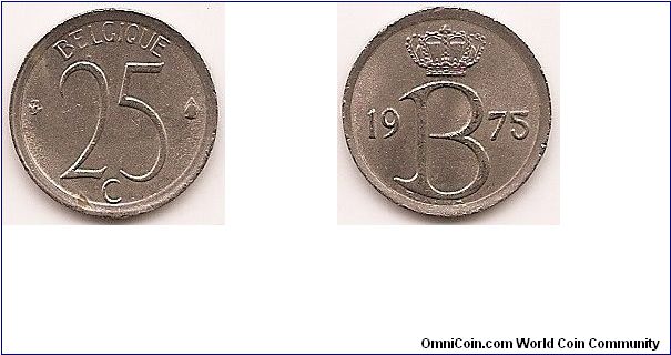 25 Centimes
KM#153.1
1.7000 g., Copper-Nickel, 16 mm. Obv: Large denomination between mint marks, legend in French Obv. Legend: BELGIQUE Rev: Crowned “B” divides date Edge: Plain Note: Mint mark - Angel Head. Mintmaster Vogeleer's privy mark - Bird