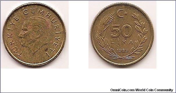 50 Lira
KM#987
3.2500 g., Aluminum-Bronze, 18.7 mm. Obv: Head of Atatürk left Rev: Value and date within wreath Edge: Reeded