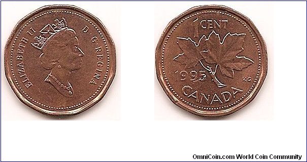 1 Cent
KM#181
Weight: 2.5000 g. Comp.: Bronze Ruler: Elizabeth II Obv.: Crowned Queen's head right Rev.: Maple leaf divides date and denomination Edge: Plain Size: 19.10 mm.