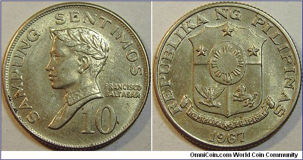 1967 Philippines, 10 Sentimos, Francisco Baltasar