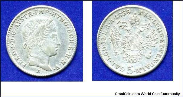 5 kreuzer.
Austrian empire.
Ferdinand I (1835-1848).
Type II: on obvers *FERD I D.G.*.
(A) Vienna mint.


Ag438f. 1,8gr.