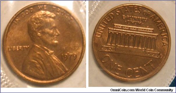 Lincoln One Cent, 1979 Mintmark: None (for Philadelphia, PA) below the date.
Mint Set.