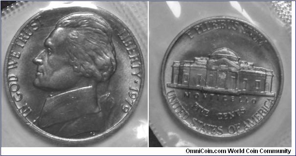 Jefferson Five Cents. 1979-Mintmark: None (for Philadelphia) to the right of the building on the reverse
Mint Set.