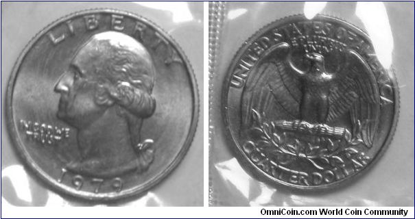 Washington Quarter Dollar. 1979-Mintmark: None (for Philadelphia, PA) on the obverse just right of the ribbon. Mint Set