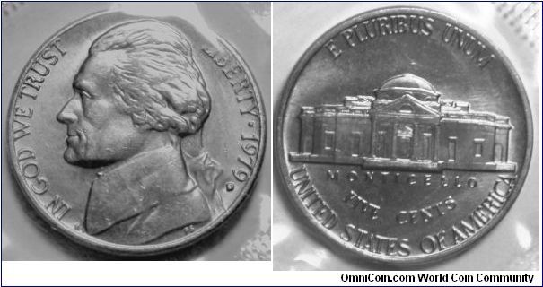 Jefferson Five Cents. 1979D-Mintmark: Small D (for Denver, Colorado) below the date on the lower right obverse. Mint Set.