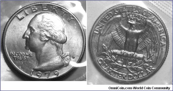 Washing Quarter Dollar. 1979D-Mintmark: D (for Denver, CO) on the obverse just right of the ribbon. Mint Set.