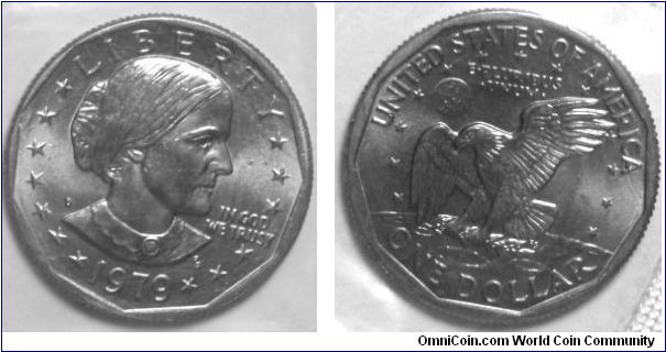 SUSAN B. ANTHONY DOLLAR. 1979D-Mintmark: D (for Denver, CO) on the left side of the obverse, just above Anthony's shoulder.
Mint Set.