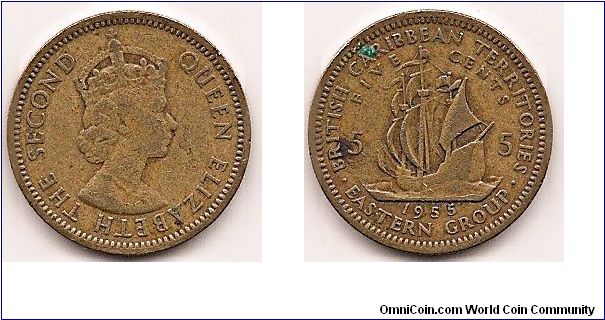 5 Cents -British Caribbean Territories-
KM#4
Nickel-Brass, 21 mm. Ruler: Elizabeth II Obv: Crowned head right Rev: Sir Francis Drake's Golden Hind divides denomination, date below