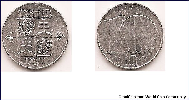 10 Haleru -Czech Slovak Federal Republic-
KM#146
Aluminum, 18.2 mm. Obv: CSFR above quartered shield, linden leaves flanking, date below Rev: Large, thick denomination