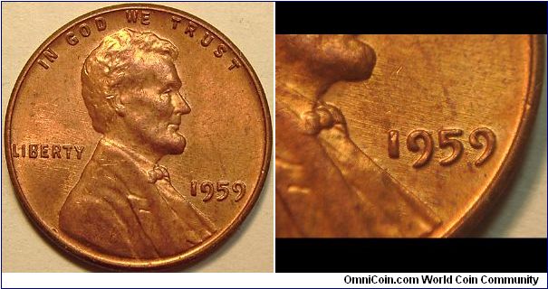 1959 Lincoln Cent Doubled Die Obverse, Doubling of the Date, Separation lines still show in this LDS example.
