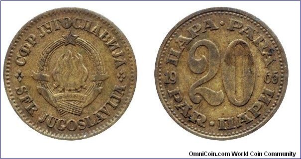 SFR Yugoslavia, 20 para, 1965, Cu-Zn.                                                                                                                                                                                                                                                                                                                                                                                                                                                                               