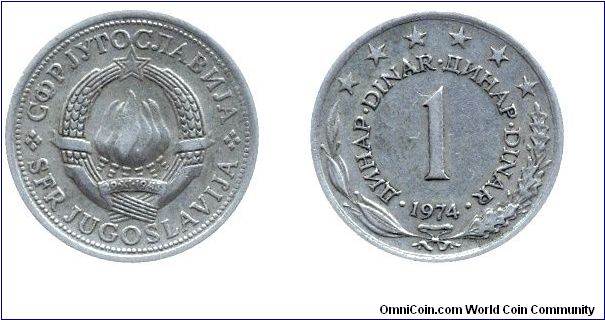 SFR Yugoslavia, 1 dinar, 1974, Cu-Ni-Zn.                                                                                                                                                                                                                                                                                                                                                                                                                                                                            