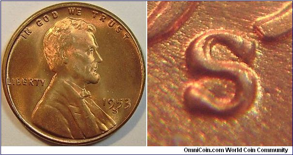 1953S Lincoln Cent, Strong Re-punch to the East of the Primary Mint Mark, Shows Inside the Upper Curve and Upper Serif