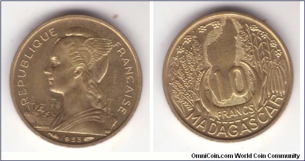 KM-E4, 1953 Madagascar 10 francs; Paris mint; aluminum-bronze essai; nice with just a touch of handling; mintage 1,200.