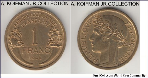KM-2, 1944 French West Africa franc; aluminum-bronze, plain edge; minted on behalf of Free French government in exile, 1-year type, uncirculated, may have been lightly wiped on obverse.