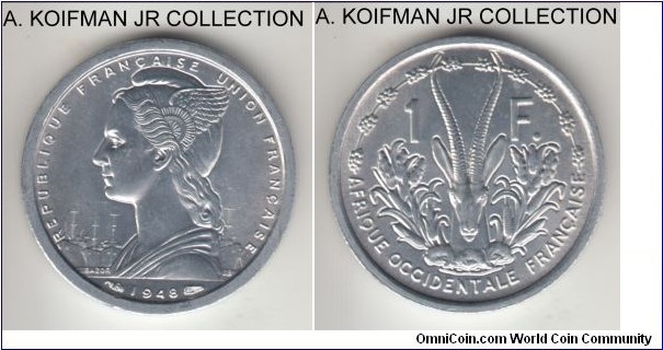KM-3, 1948 French West Africa franc; aliminum, plain edge; rhim gazelle reverse, common, brilliant uncirculated condition.