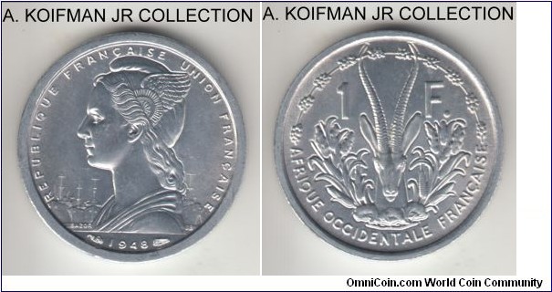 KM-3, 1948 French West Africa franc; aliminum, plain edge; rhim gazelle reverse, common, brilliant uncirculated condition.